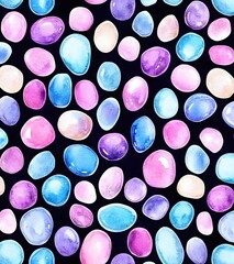 Canvas Print - Watercolor Seamless Pattern with Colorful Pebbles on Black Background