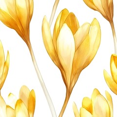 Poster - Watercolor Yellow Crocus Flowers Seamless Pattern