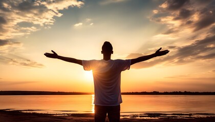 Wall Mural - Sunset Silhouette of Young Freemen with Outstretched Arms in Prayer