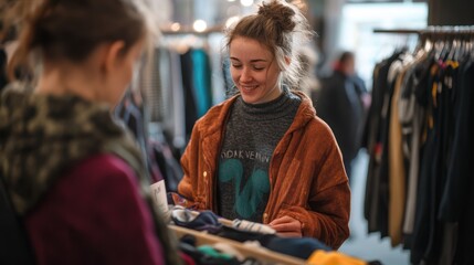 Person participating in a clothing swap event promoting sustainable fashion practices