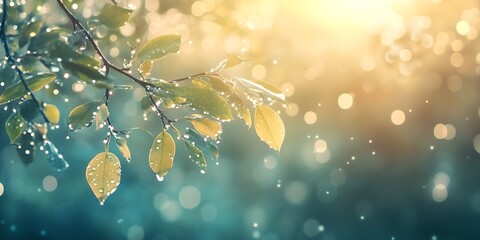 Poster - Raindrops on Leaves with Sunlit Bokeh Background