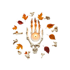 Wall Mural - Skeleton Hand Candle Holder with Autumn Leaves
