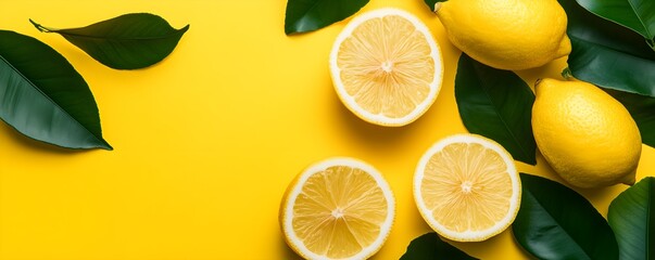 Wall Mural - Lemon and Leaves on Yellow Background