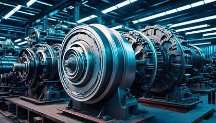 industrial electric motor amidst mechanical components and tools illuminated by harsh fluorescent lighting