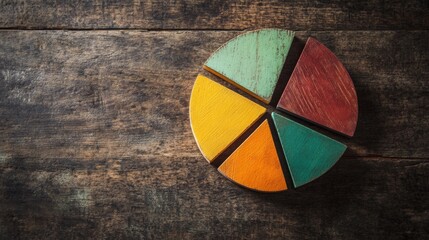 Poster - A creative pie chart with textured segments showing sales data, each slice representing a different product line, set against a rustic wooden table background.
