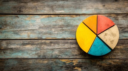 Leinwandbilder - A creative pie chart with textured segments showing sales data, each slice representing a different product line, set against a rustic wooden table background.
