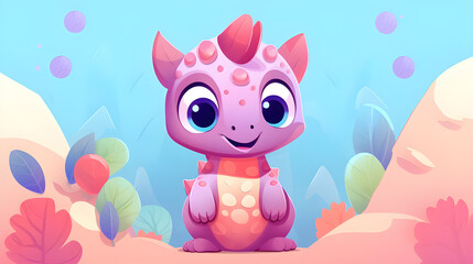 Adorable pink baby dragon with big eyes and a wide smile