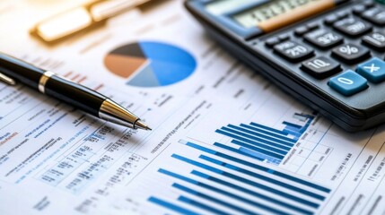 Poster - A detailed shot of a printed financial report with various charts and graphs, with a pen and calculator beside it, emphasizing the analysis and planning process.
