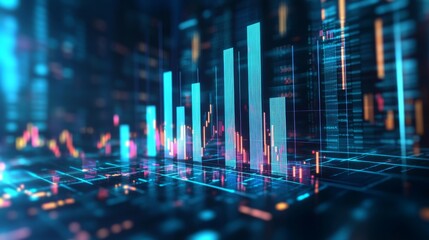 Poster - A digital 3D bar chart projected on a virtual screen, with tall, glowing bars reaching upward, symbolizing market growth and success in the financial sector.