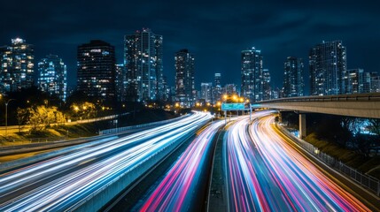Fototapete - A dramatic nighttime view of a long exposure shot of an expressway, with bright lights creating trails from moving cars, emphasizing the energy and activity of the city.