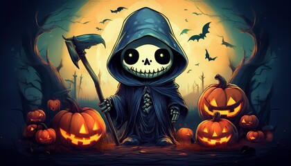 Create a whimsical Halloween illustration featuring a cute skeleton character dressed 