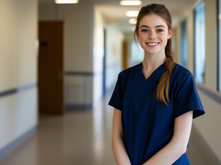 Smiling redhead nurse wearing dark blue scrubs in a bright and inviting hospital hallway