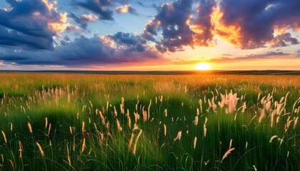 Wall Mural - Dramatic Sky Over Expansive Prairie with Lush Long Grass