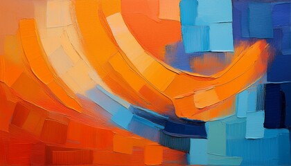 Wall Mural - Closeup of abstract rough colorful blue orange multicolored art painting texture, with oil brushstroke, pallet knife paint, with square overlapping paper layers, complementary colors (Generative Ai)
