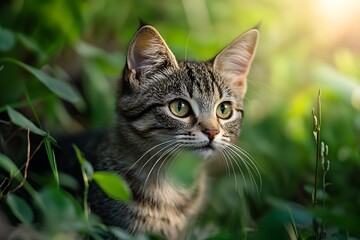 Canvas Print - A close-up of a curious tabby cat amidst lush green foliage.