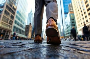 a man in a suit and brown shoes walking down a cobblestone street