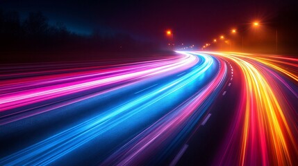 Vibrant light trails on a road at night, showcasing motion and energy.