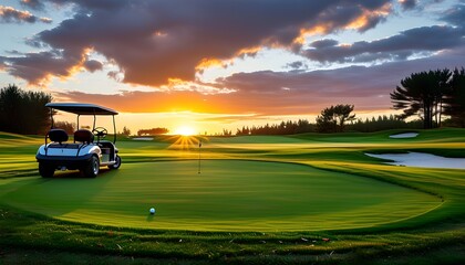 Wall Mural - Golf cart cruising the fairway on a lush green golf course under a cloudy sunset sky with trees in the backdrop