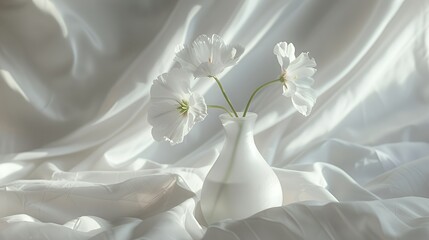 Sticker - Three white flowers in a frosted vase on a white fabric background.