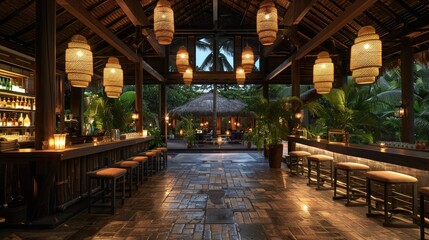 night scene of lobby bar at a tropical resort, 