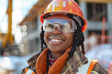 Captured on the work site, a Multiracial female construction worker dons PPE and wears a bright smile. , background blur