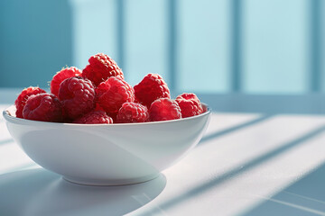 fresh raspberries in a white ceramic bowl stand on the table, vegan food