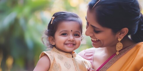 Wall Mural - A woman is holding a young child and they are both smiling. The woman is wearing a yellow sari and the child is wearing a yellow outfit. Scene is happy and joyful, as the mother