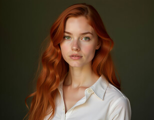 Wall Mural - A young, fair-skinned woman with long, wavy red hair and green eyes wearing a white shirt, studio shot