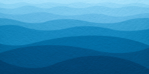 Poster - Abstract art wide panorama background azure blue colors. Watercolor painting on texture paper with pattern of sea waves. Abstract background with blue line as gradient for blank, page or template