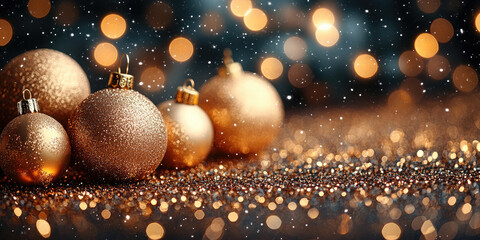 Wall Mural - golden christmas ornament hangs in the foreground with a blurry background of twinkling lights, crea