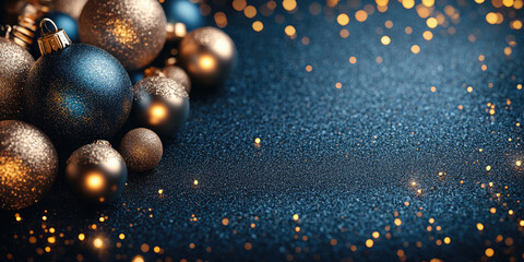 Wall Mural - golden christmas ornaments, pine cones, and evergreen garland are framing a dark surface covered wit