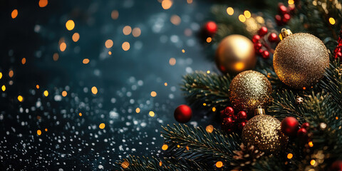 Wall Mural - golden christmas ornaments, pine cones, and evergreen garland are framing a dark surface covered wit