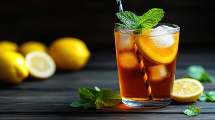 A refreshing glass of iced tea garnished with lemon slices and mint leaves, captured on a dark background to emphasize the vibrant colors and refreshing nature of the drink.