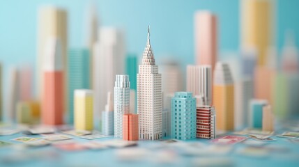 Sticker - A cityscape made entirely of credit cards, with buildings built of bills, showcasing the illusory foundation of modern economics.