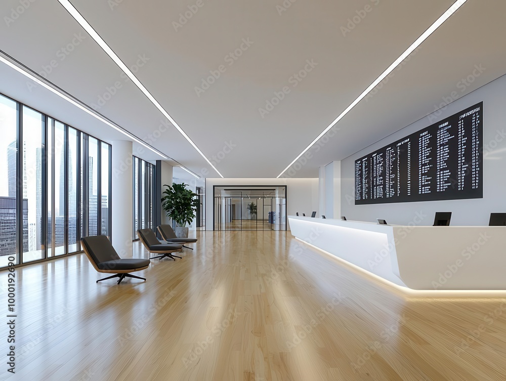 Spacious bank lobby with large digital financial displays, sleek ...