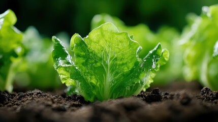 A vibrant fresh lettuce plant with crisp green leaves is growing in dark, rich soil, highlighted in focus with other lettuce plants and green foliage blurred in the background.