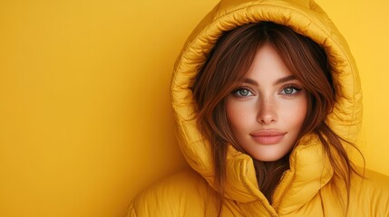 A vivid portrait of a woman in a bright yellow puffer jacket, with a color-coordinated background, embodying autumn's vibrancy and youthful energy.