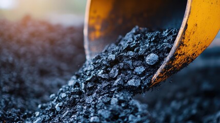 An excavator bucket pours a heavy load of dark crushed stone, showcasing the raw power and essential role of heavy machinery in modern construction and development projects.