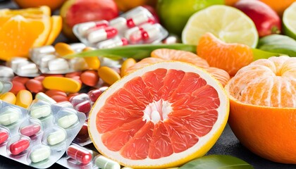 Wall Mural - Vibrant citrus fruits alongside colorful pills symbolize the essence of healthy living and the importance of vitamins