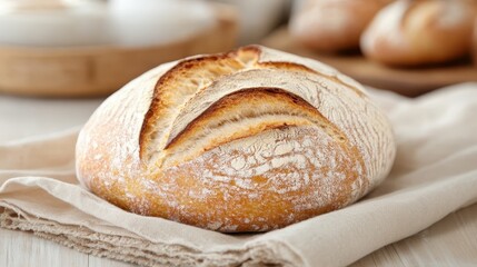 A golden-brown, freshly baked artisanal bread loaf with a perfectly crisp crust, set on a white linen cloth offering a rustic and inviting look, radiating warmth.