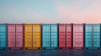 Image of brightly colored shipping containers aligned under a clear, serene sky, reflecting modern industry and commerce. Perfect for stock photography or commercial purposes.