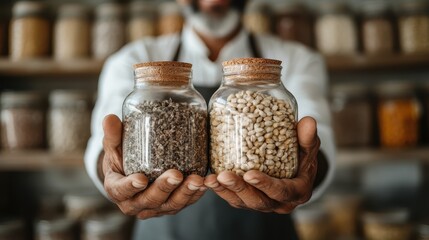 A person in a white shirt extends two glass jars filled with different grains, standing in a place filled with many other jars and containers, illustrating abundance and variety.