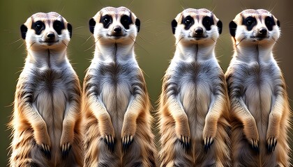 Curious meerkats standing upright with mixed brown and white fur, observing their surroundings with inquisitive expressions