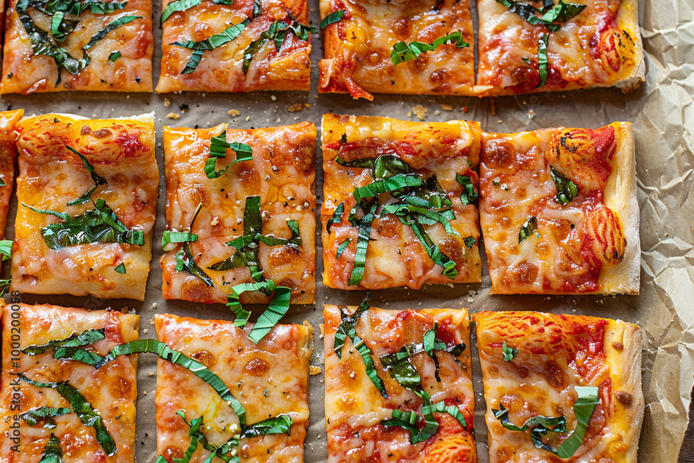Birds eye view of a pizza cut into squares unconventional and playful
