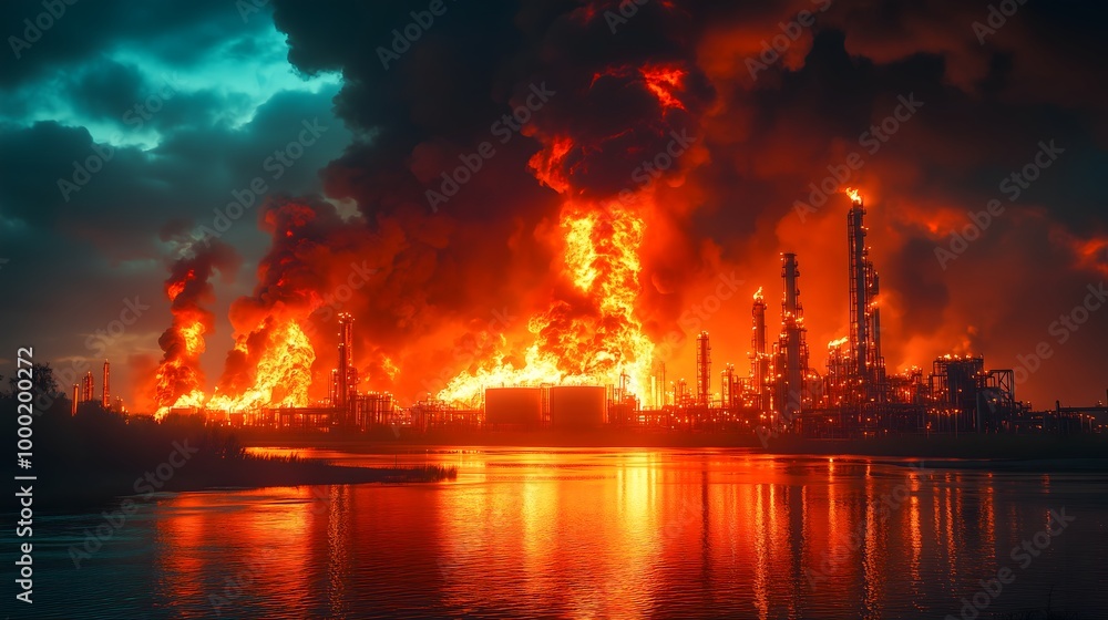 industrial fire at an oil refinery or chemical plant. Huge flames ...