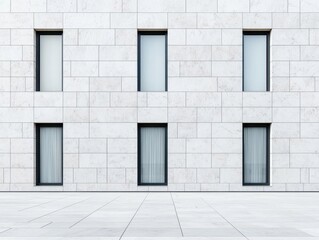 Bank facade with smooth white stone, simple geometric windows, and minimalist signage, Contemporary, clean lines, soft natural light