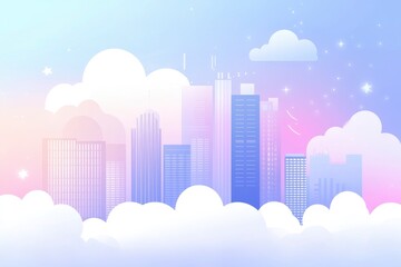 cute art of modern cityscape with skyscrapers and tall buildings with shiny stars and fluffy clouds against pastel color sky