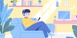 © MEHDI - A blue and yellow art of a boy sitting on the sofa in his room, wearing headphones while holding phone with plants, bookshelves on background