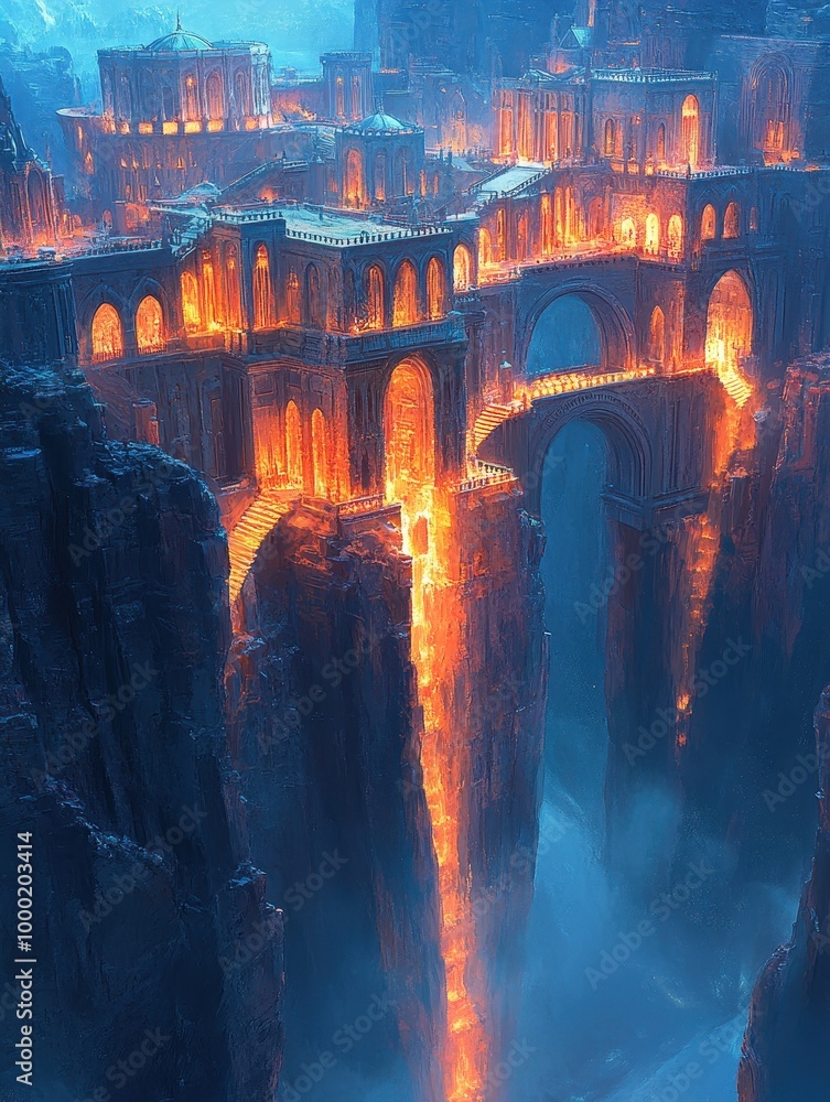 hidden city built into the side of a glowing canyon, with bridges and ...
