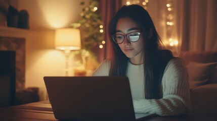 radiant woman engrossed in online learning warm inviting home office bathed in soft natural light laptop screen reflection in glasses adds modern touch to cozy study scene